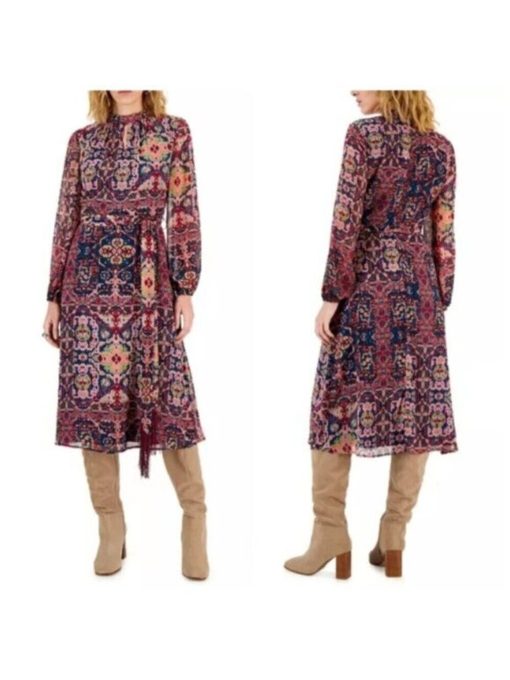 NWT Tahari ASL Tapestry Print Chiffon Long Sleeve Midi Dress - Picture 17 of 17
